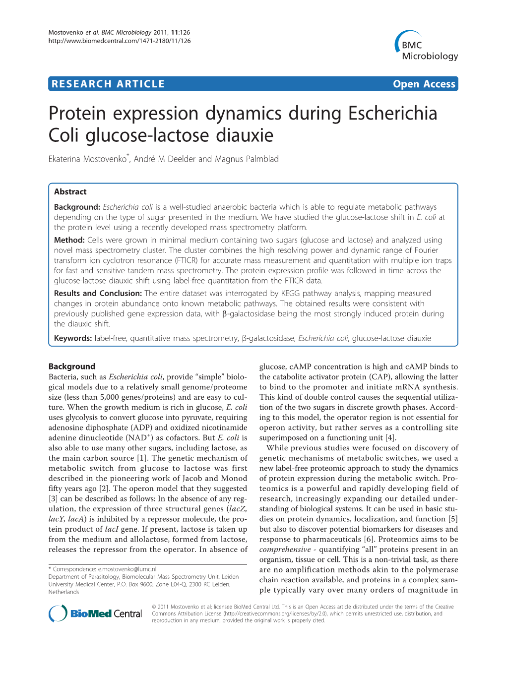 Protein Expression Dynamics During Escherichia Coli Glucose-Lactose Diauxie Ekaterina Mostovenko*, André M Deelder and Magnus Palmblad
