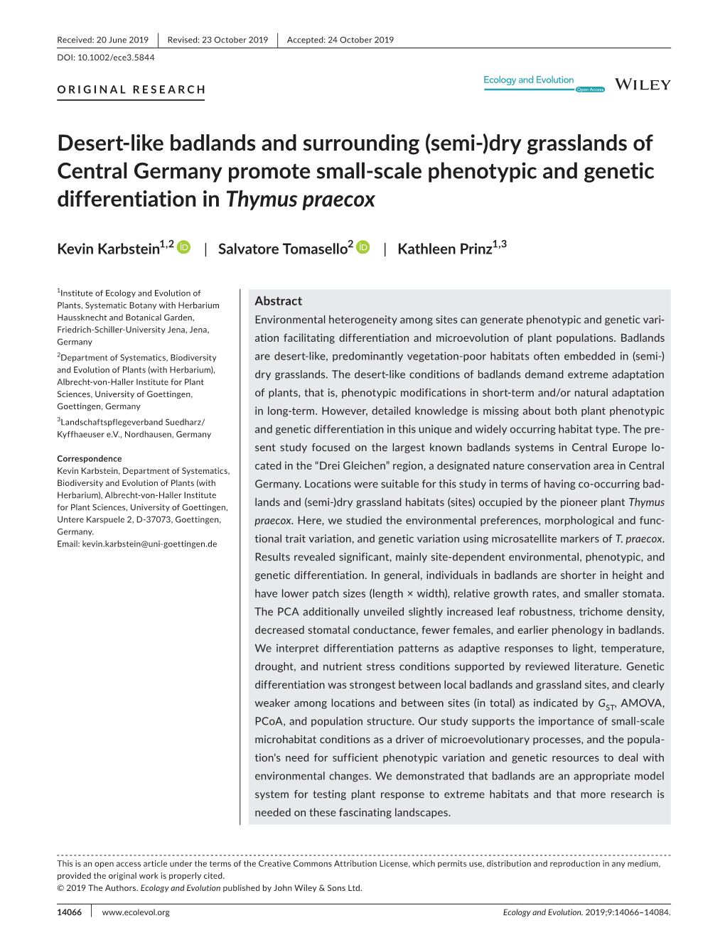 Desert‐Like Badlands and Surrounding (Semi‐)Dry Grasslands of Central Germany Promote Small‐Scale Phenotypic and Genetic D