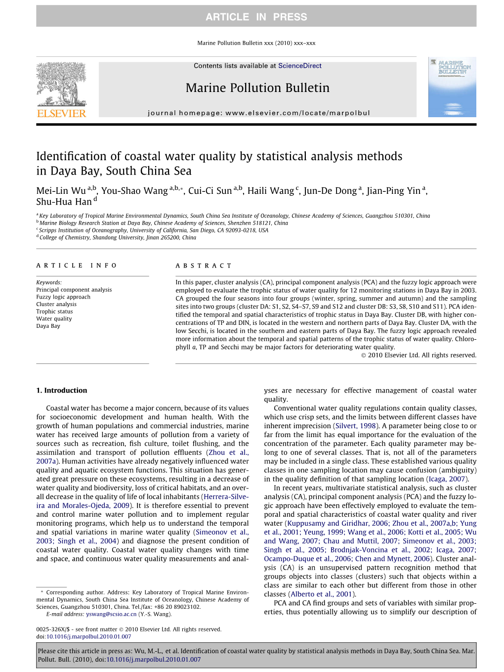 Identification of Coastal Water Quality by Statistical Analysis Methods in Daya Bay, South China
