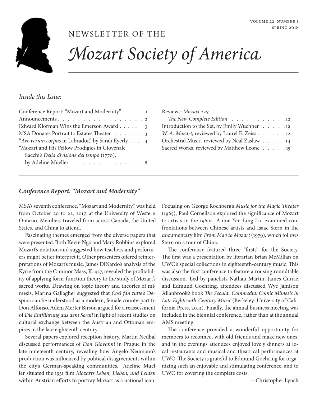 Spring 2018 NEWSLETTER of the Mozart Society of America