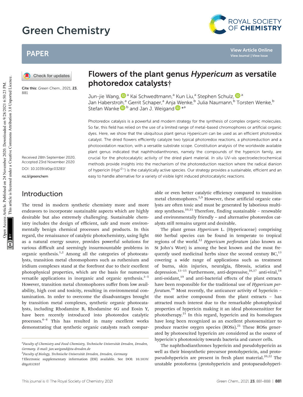 Flowers of the Plant Genus Hypericum As Versatile Photoredox Catalysts