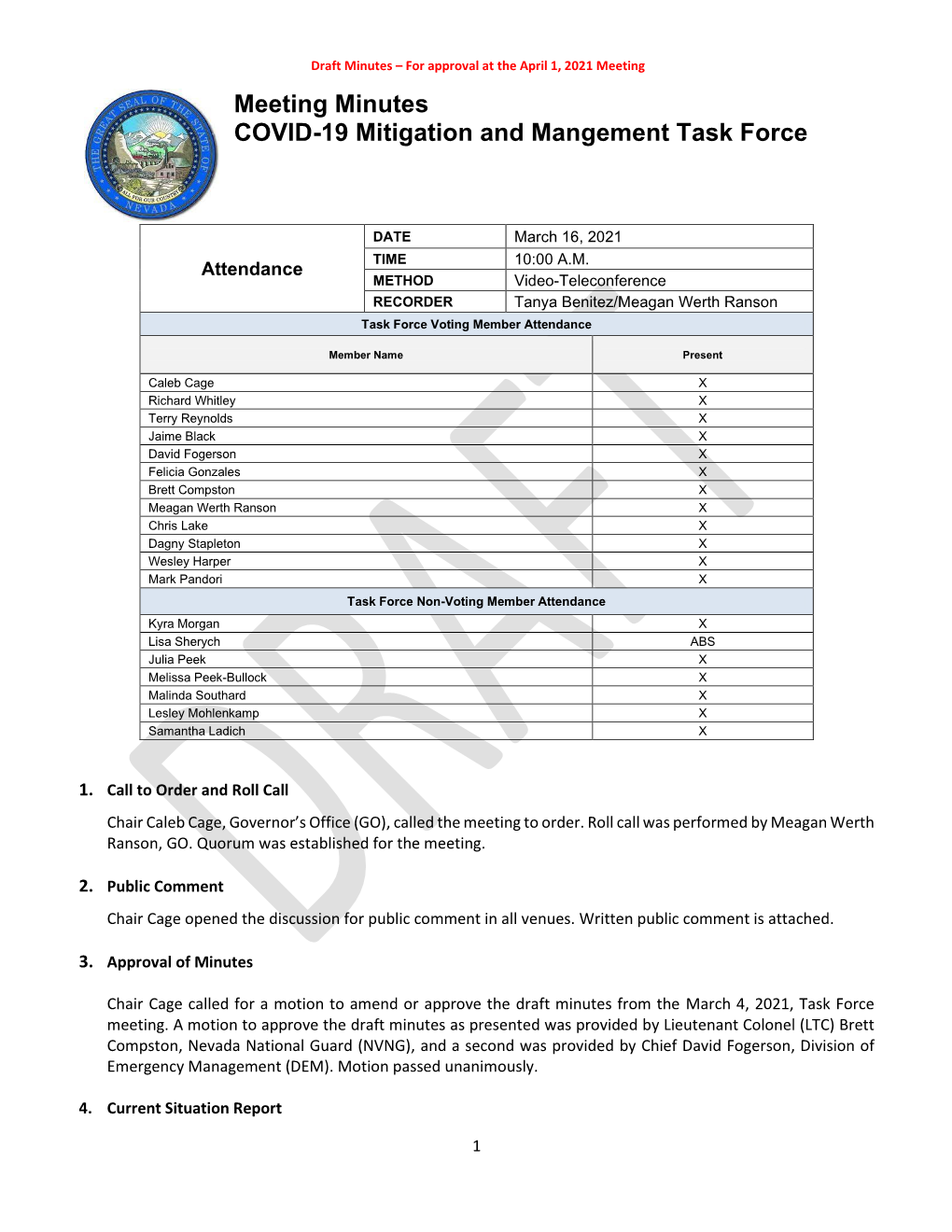 Meeting Minutes COVID-19 Mitigation and Mangement Task Force