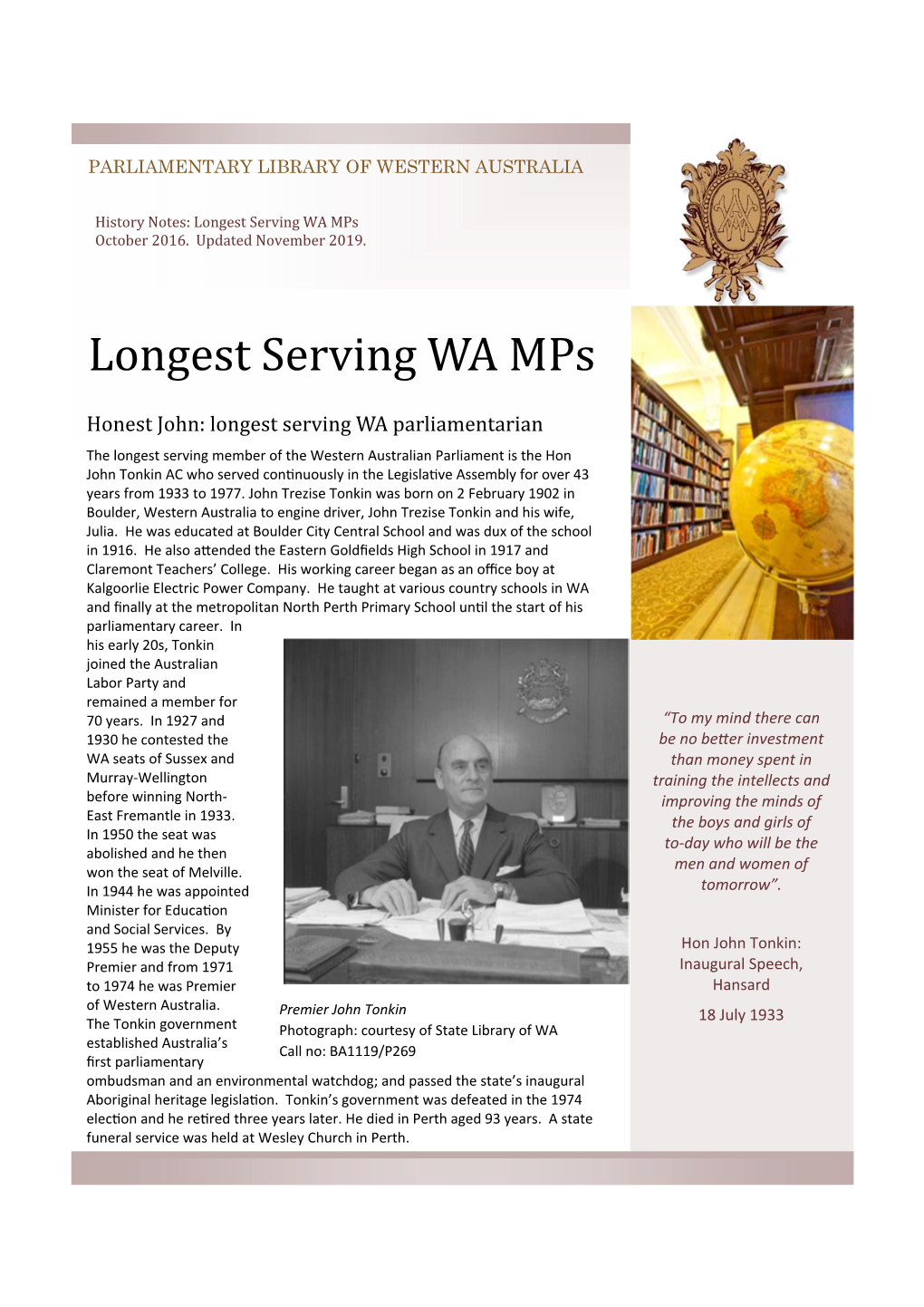 Fact Sheets Longest Serving WA Mps Updated Aug 2019.Pub