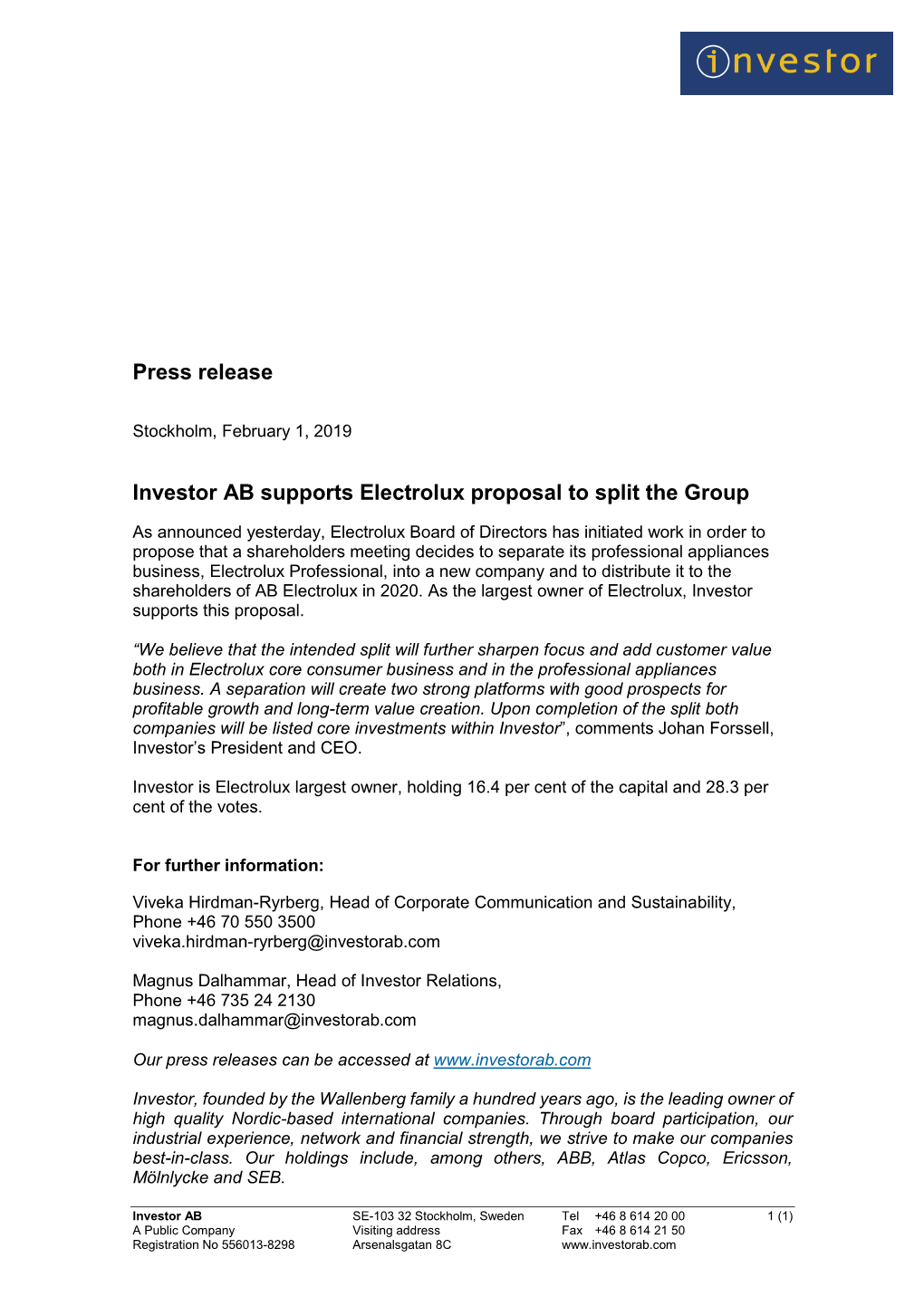 Press Release Investor AB Supports Electrolux Proposal to Split the Group