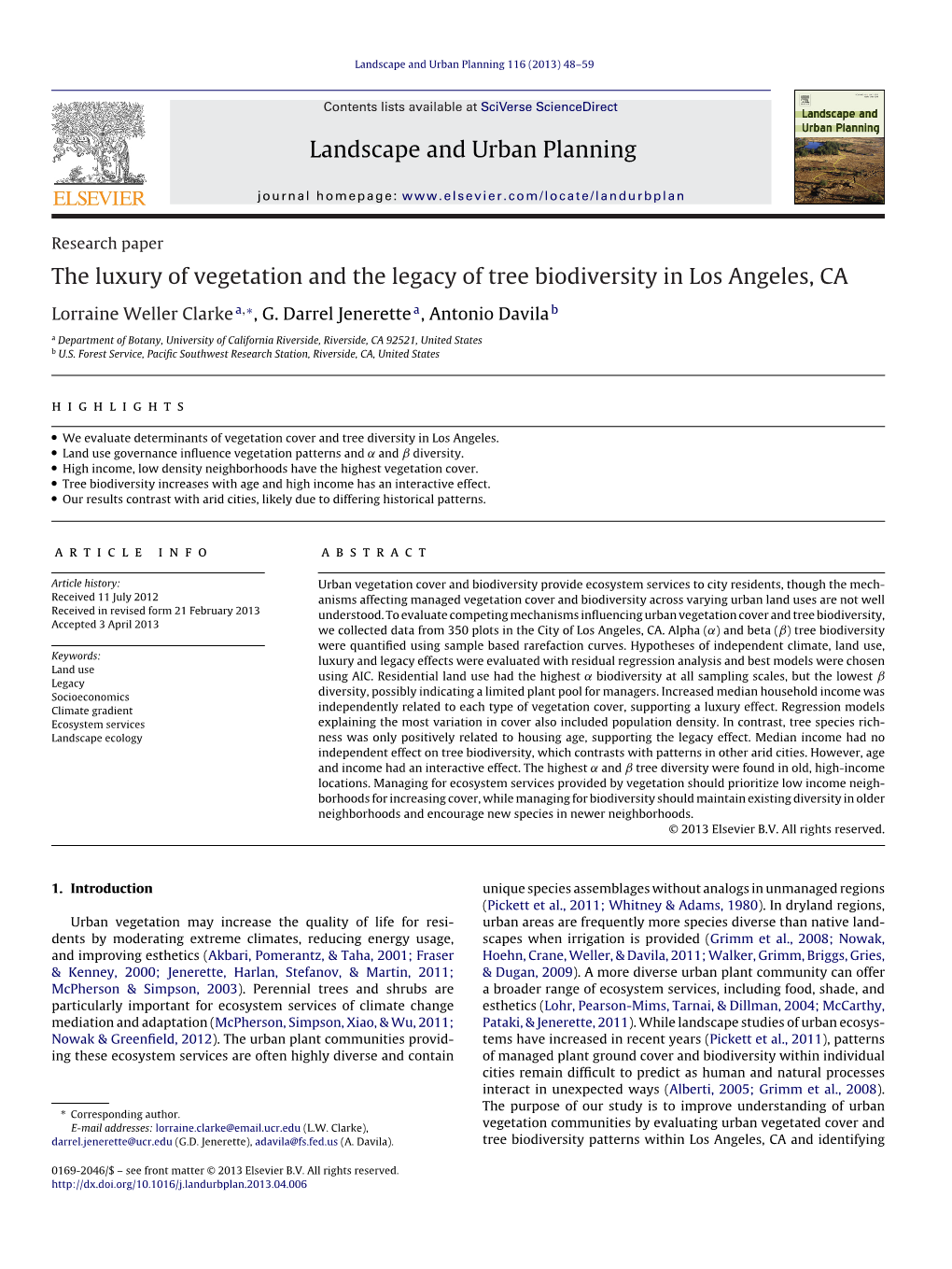 The Luxury of Vegetation and the Legacy of Tree Biodiversity in Los Angeles, CA