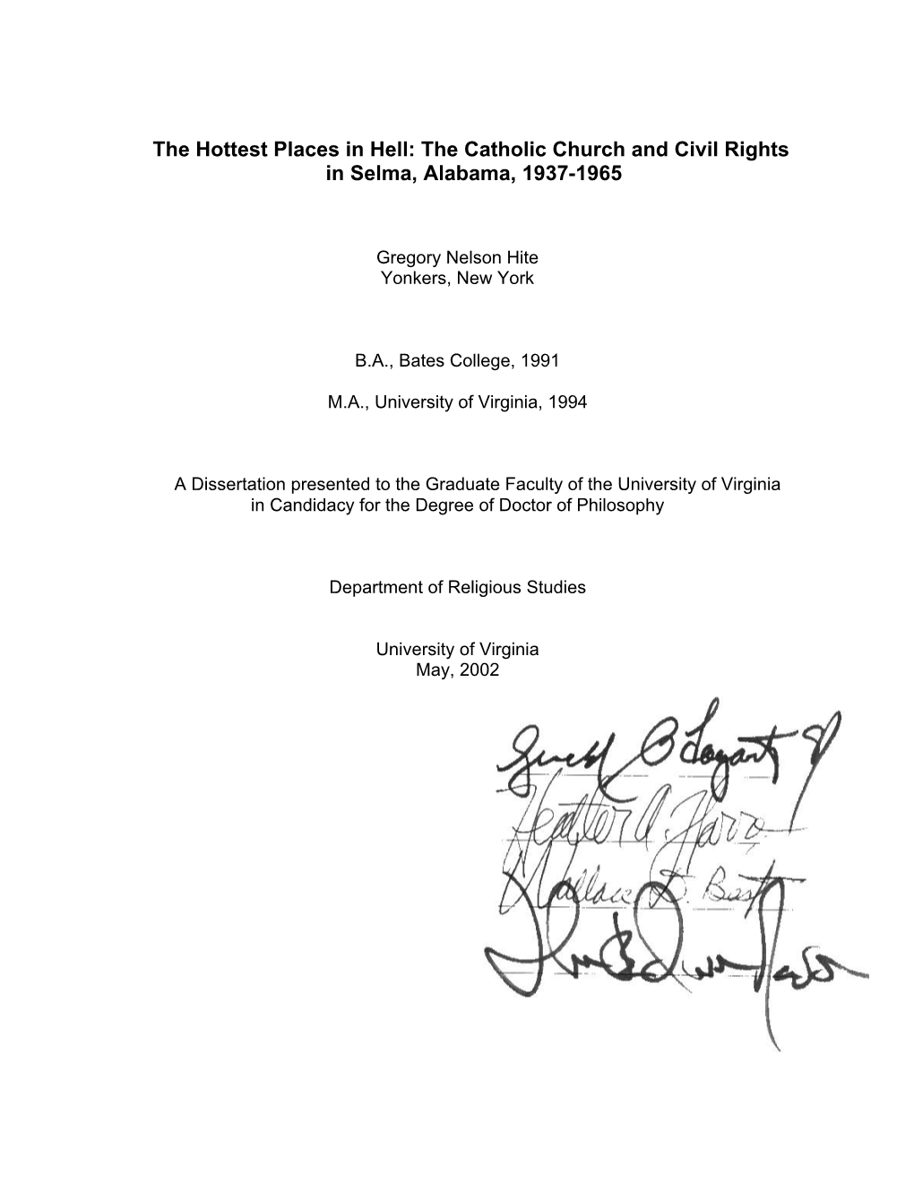 The Hottest Places in Hell: the Catholic Church and Civil Rights in Selma, Alabama, 1937-1965