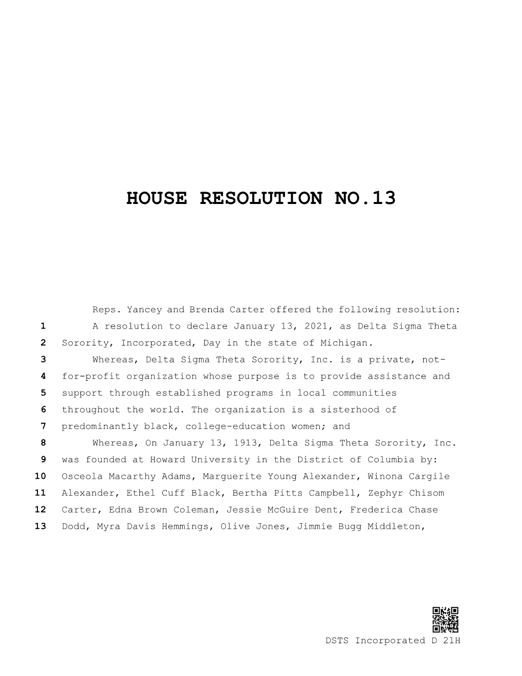 House Resolution No.13