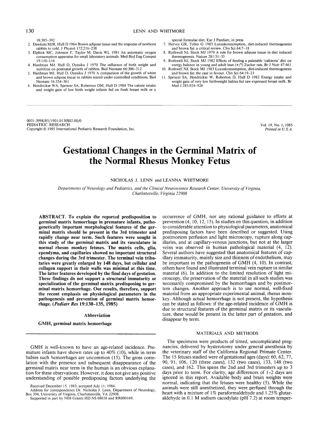 Gestational Changes in the Germinal Matrix of the Normal Rhesus Monkey Fetus