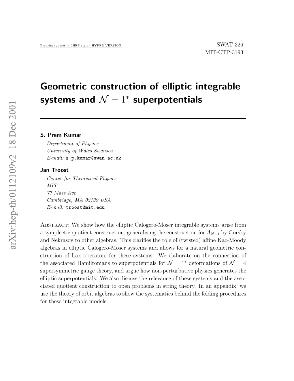 Geometric Construction of Elliptic Integrable Systems and N= 1