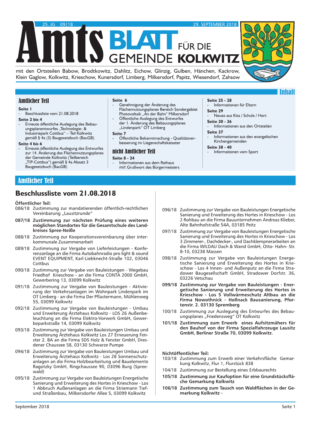 Gemeinde Kolkwitz (Teilbereich Seite 8 - 24 „TIP-Cottbus“) Gemäß § 4A Absatz 3 - Informationen Aus Dem Rathaus Baugesetzbuch (Baugb) Mit Grußwort Des Bürgermeisters