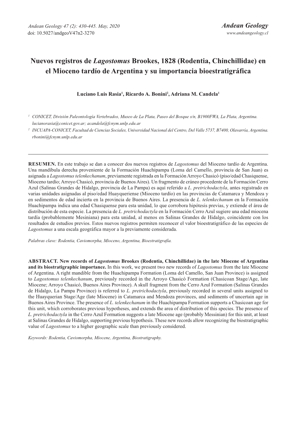 Rodentia, Chinchillidae) En El Mioceno Tardío De Argentina Y Su Importancia Bioestratigráfica