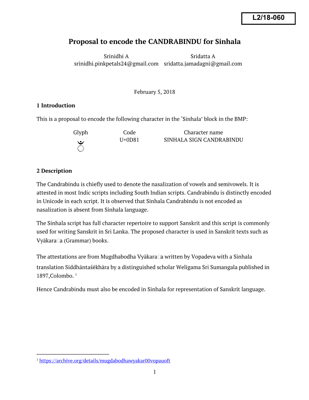 Proposal to Encode the CANDRABINDU for Sinhala L2/18