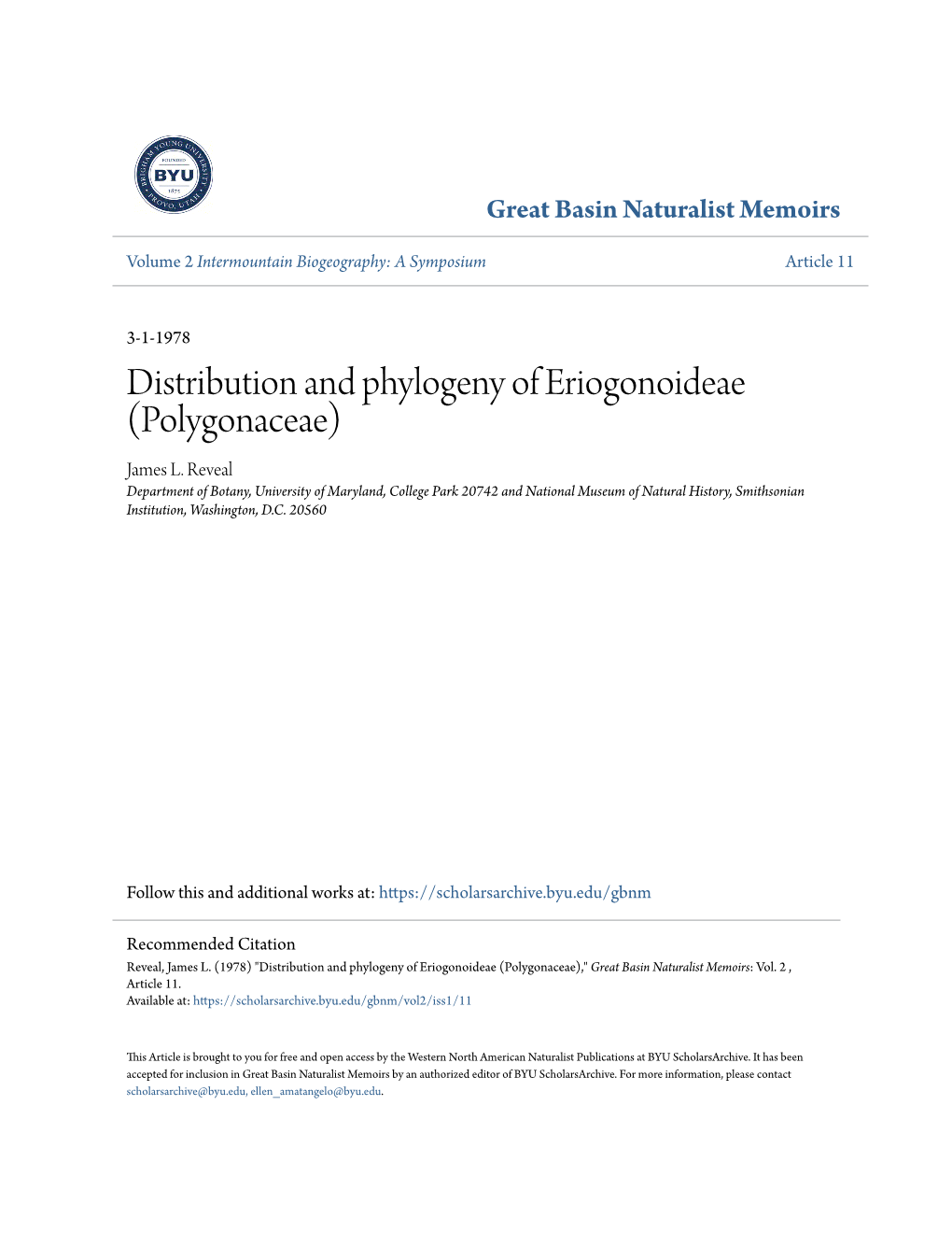 Distribution and Phylogeny of Eriogonoideae (Polygonaceae) James L