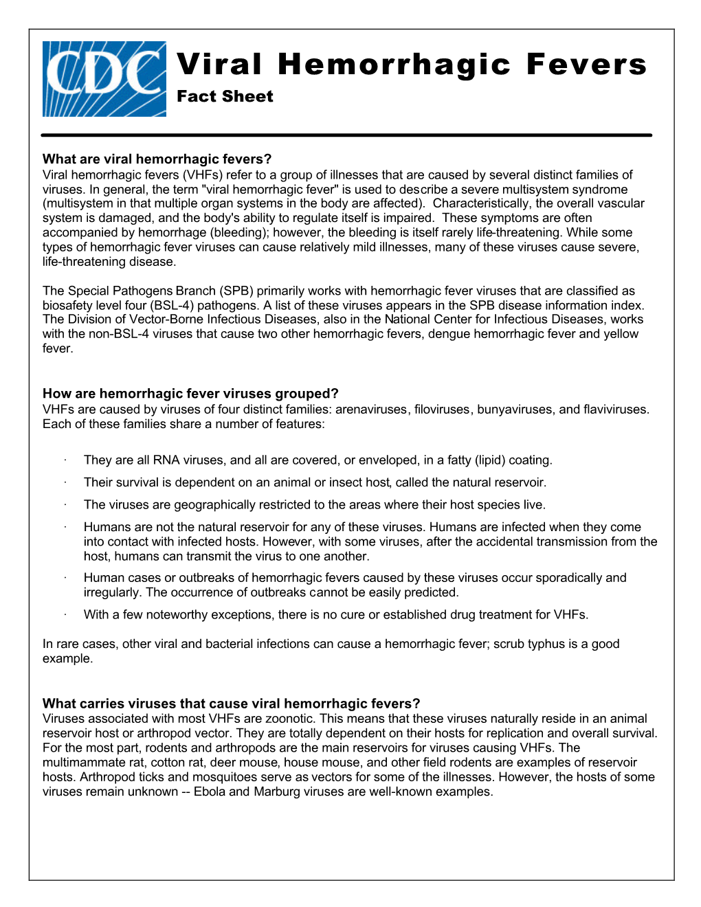 Viral Hemorrhagic Fevers Fact Sheet