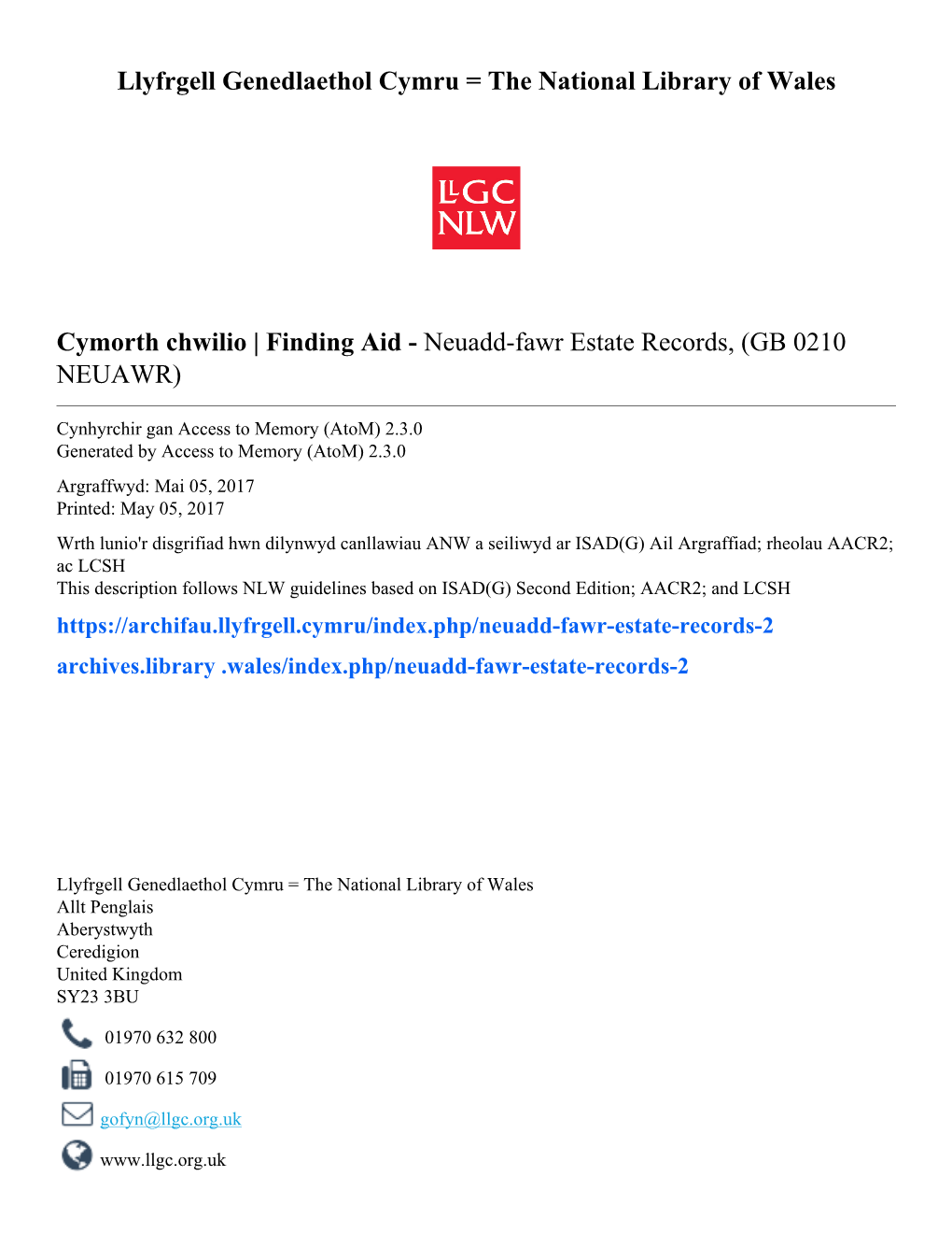 Finding Aid - Neuadd-Fawr Estate Records, (GB 0210 NEUAWR)