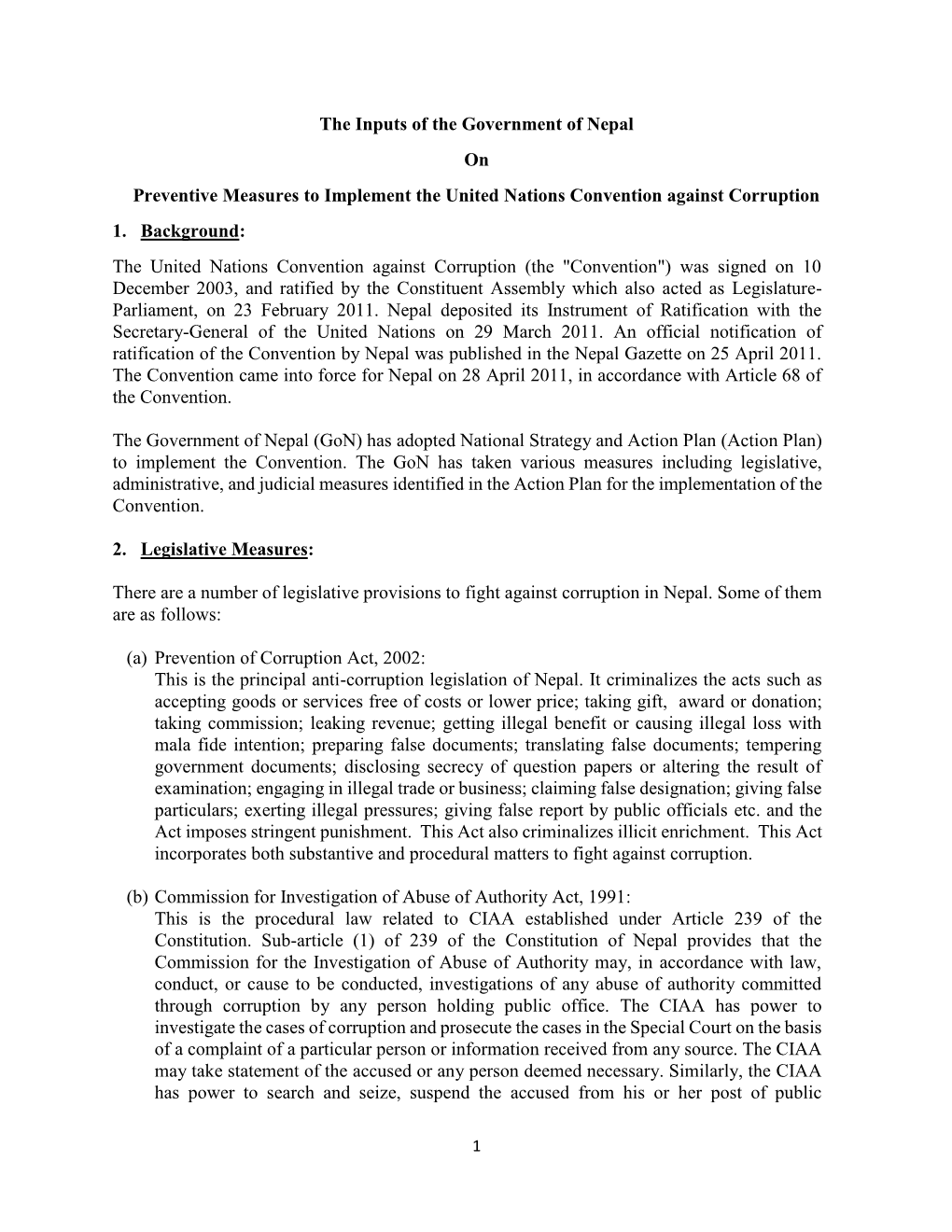 The Inputs of the Government of Nepal on Preventive Measures to Implement the United Nations Convention Against Corruption 1