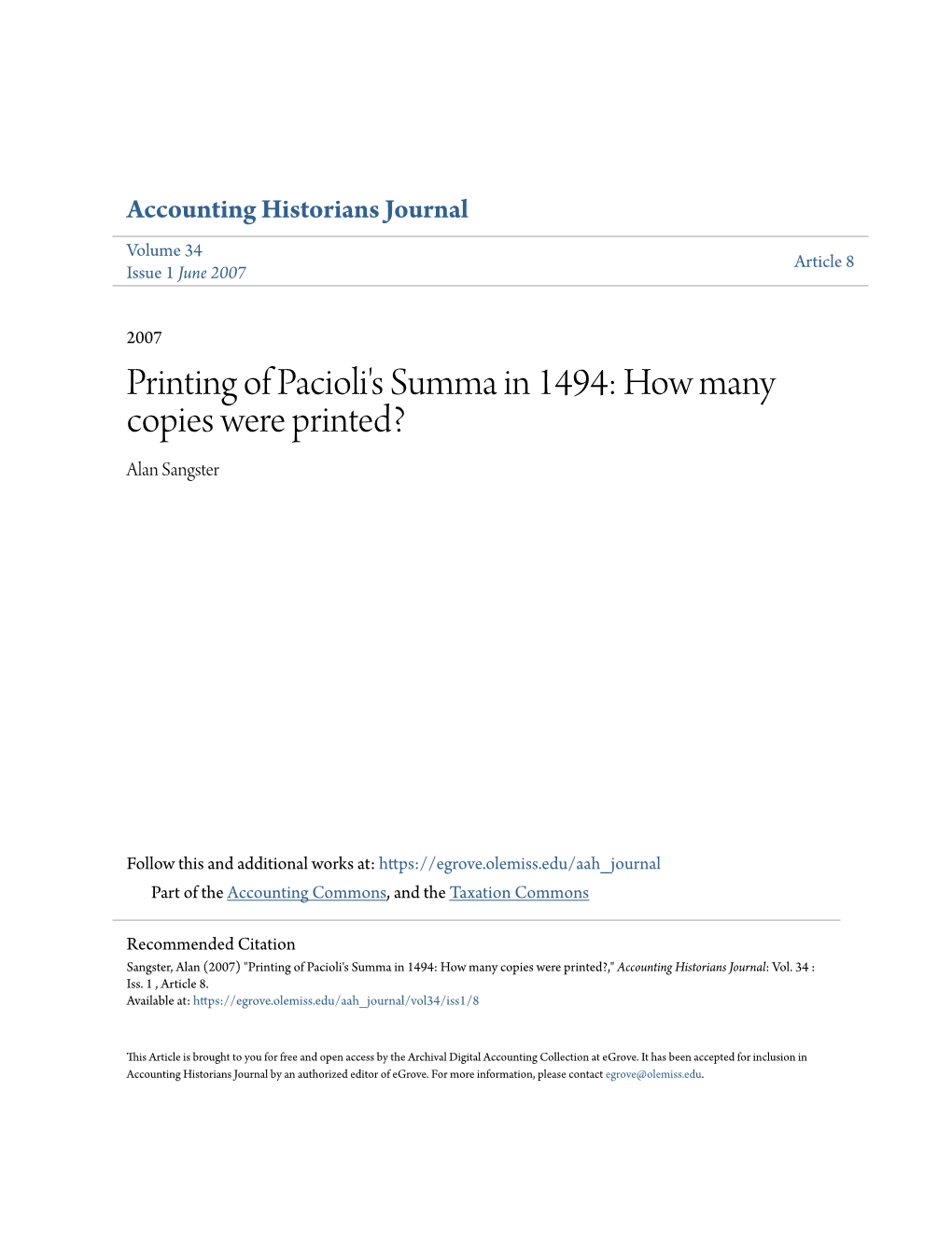 Printing of Pacioli's Summa in 1494: How Many Copies Were Printed? Alan Sangster