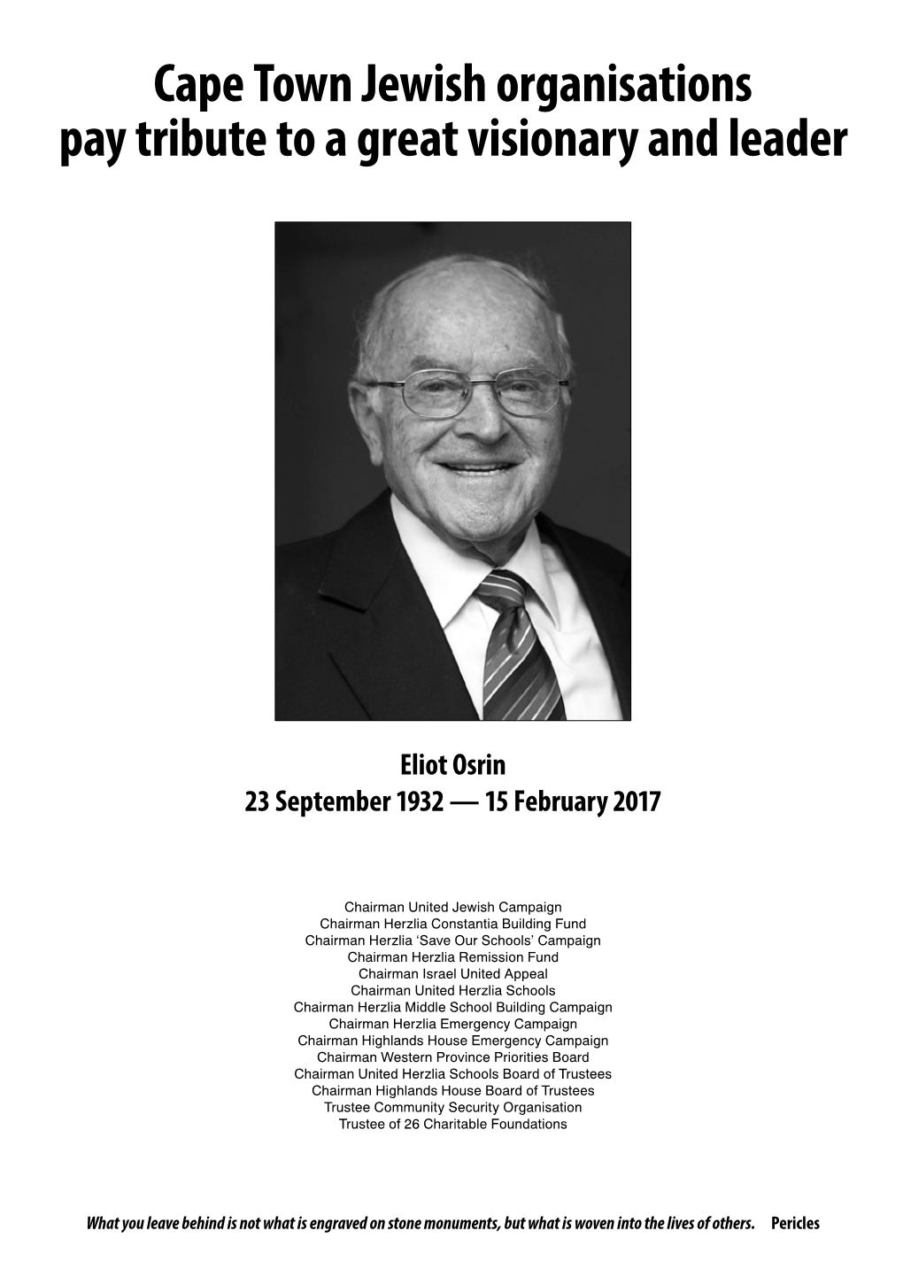 Cape Town Jewish Organisations Pay Tribute to a Great Visionary and Leader