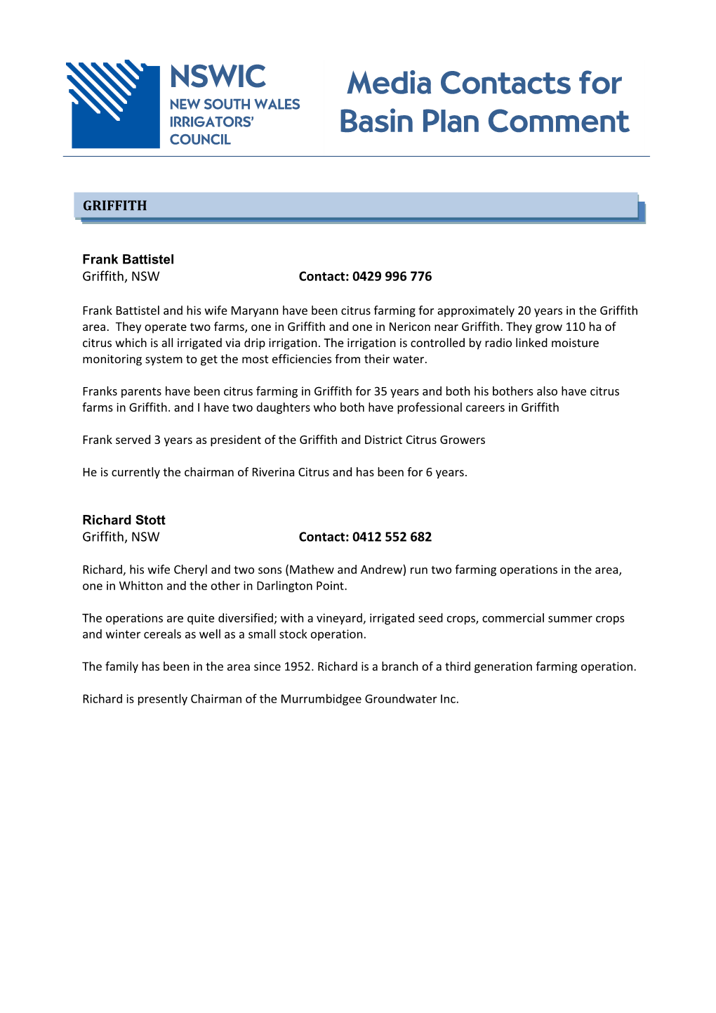 NSWIC Media Contacts for Basin Plan Comment