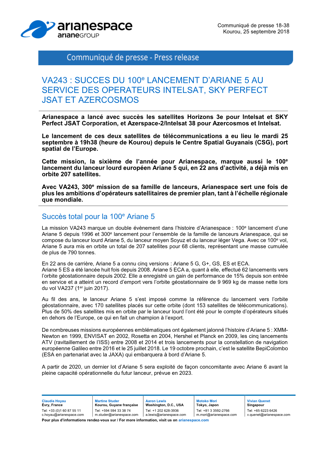 VA243 : SUCCES DU 100E LANCEMENT D'ariane 5 AU