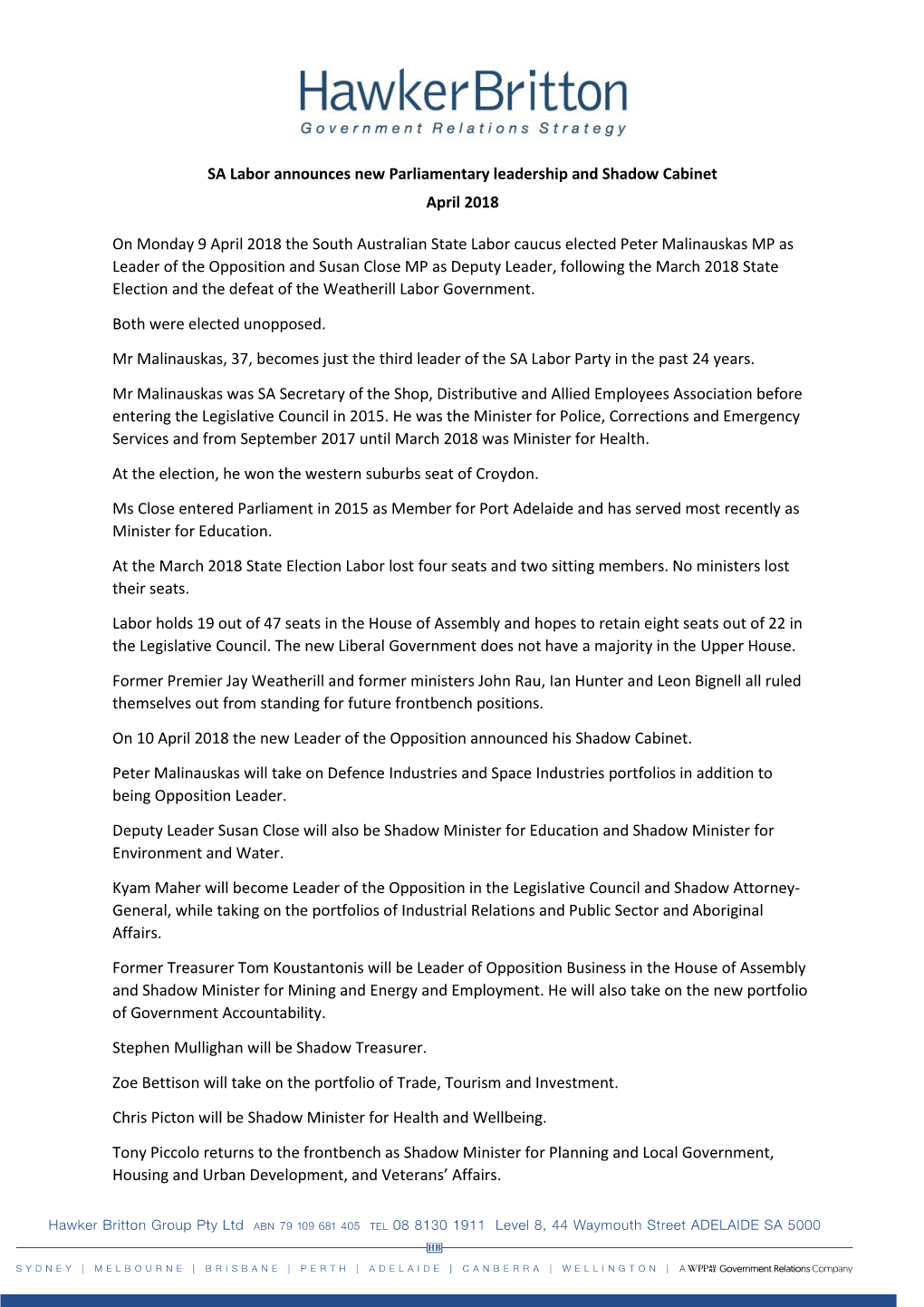 SA Labor Announces New Parliamentary Leadership and Shadow Cabinet