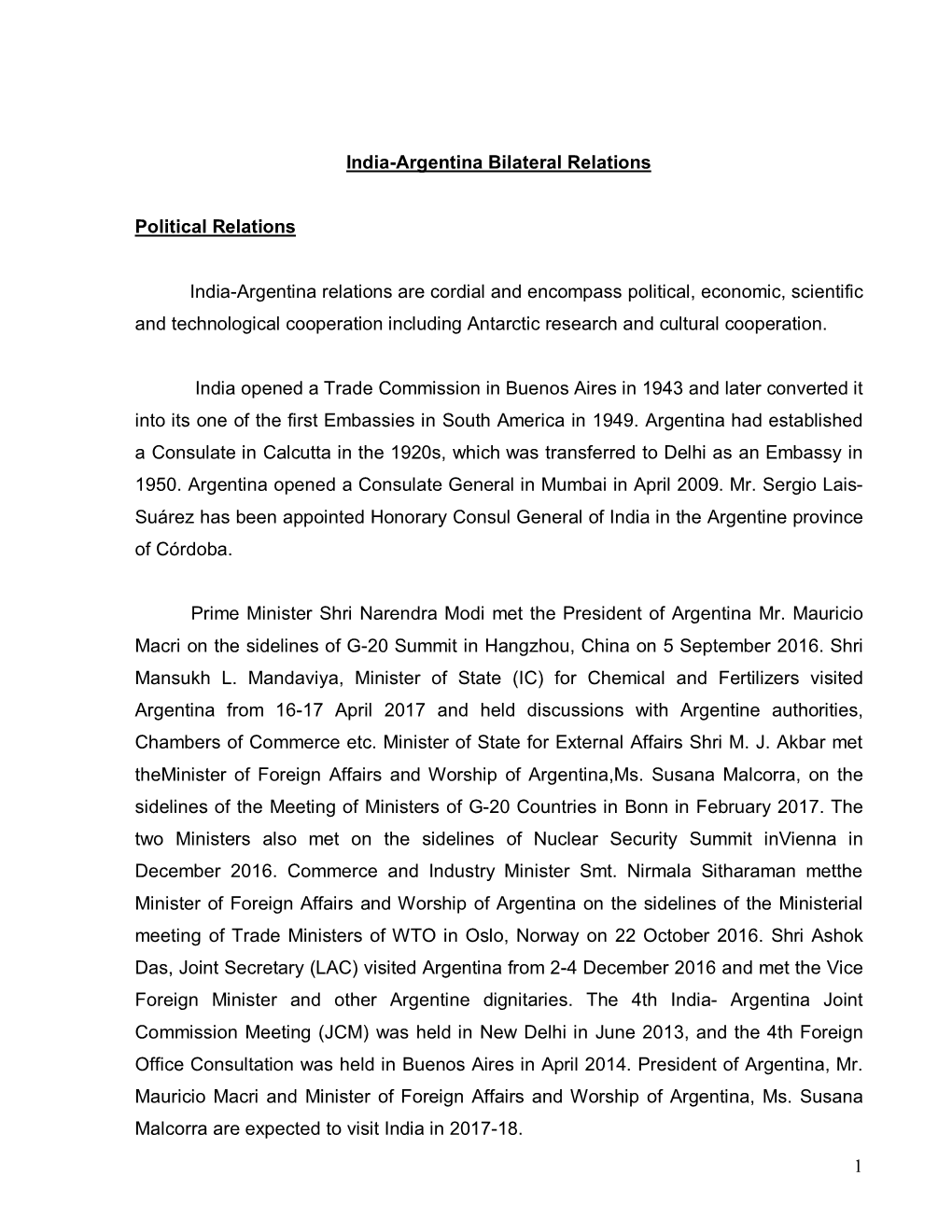 1 India-Argentina Bilateral Relations Political Relations India-Argentina