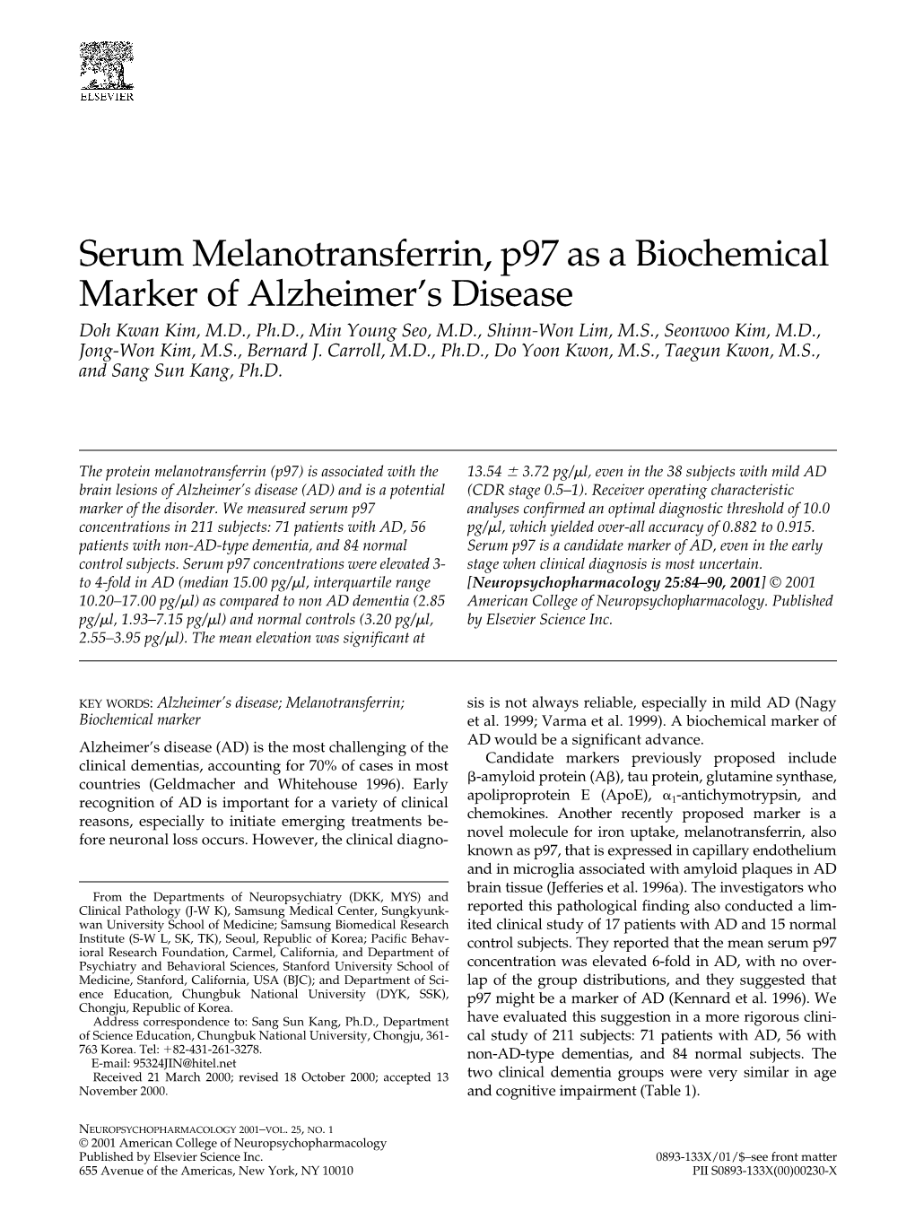 Serum Melanotransferrin, P97 As a Biochemical Marker of Alzheimer's