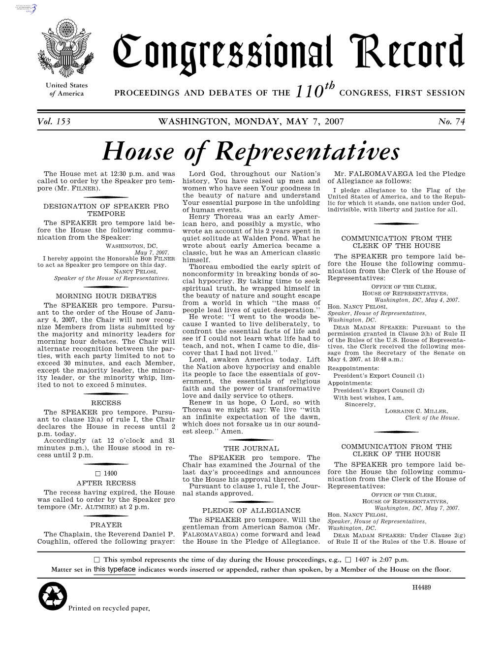 Congressional Record United States Th of America PROCEEDINGS and DEBATES of the 110 CONGRESS, FIRST SESSION