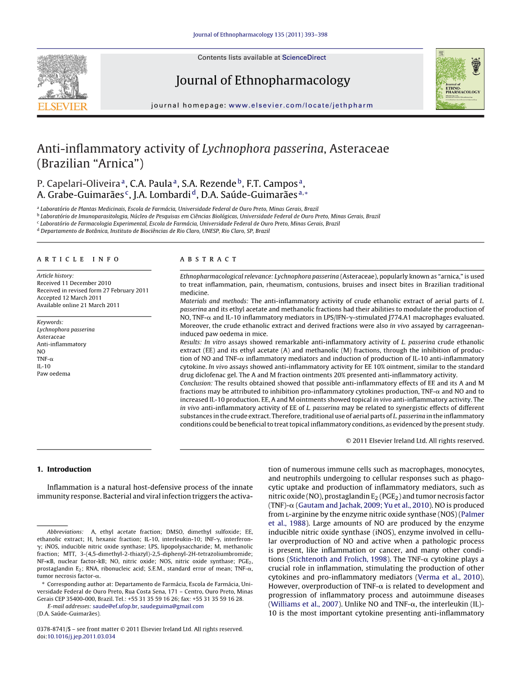 Anti-Inflammatory Activity of Lychnophora Passerina, Asteraceae