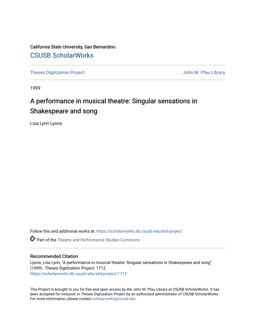 A Performance in Musical Theatre: Singular Sensations in Shakespeare and Song