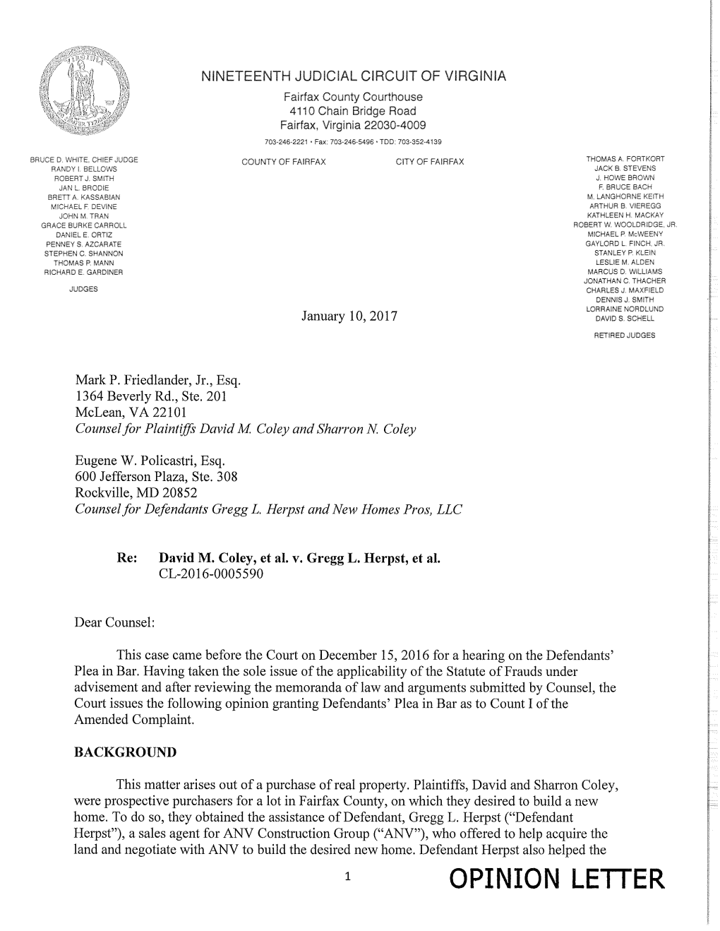 OPINION LETTER Plaintiffs to Obtain Financing for the Land and New Construction