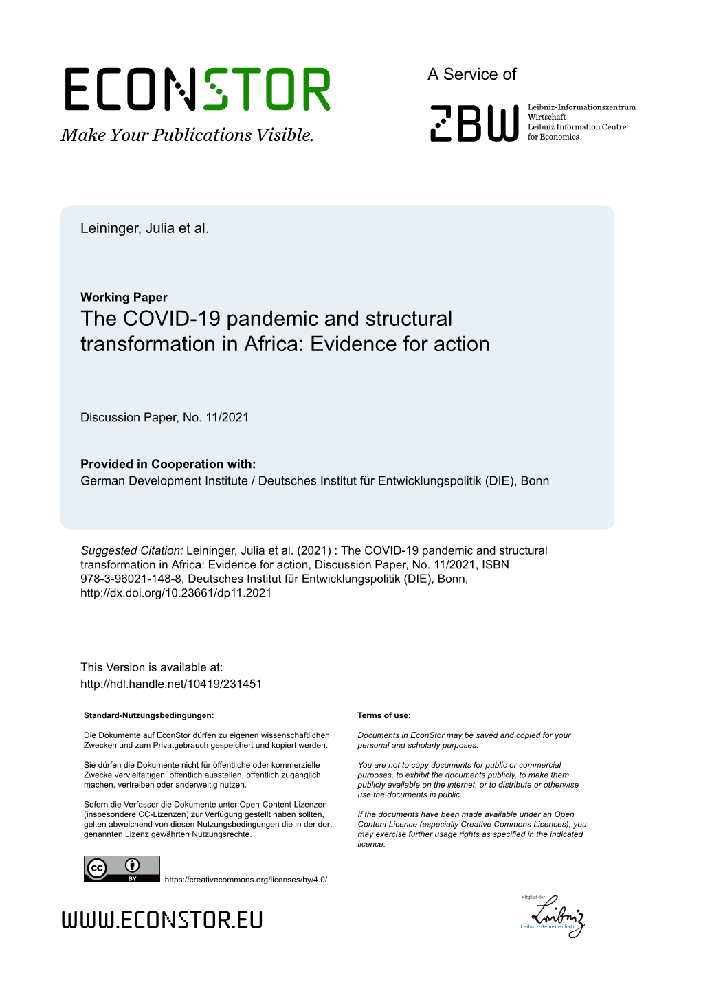 The COVID-19 Pandemic and Structural Transformation in Africa: Evidence for Action