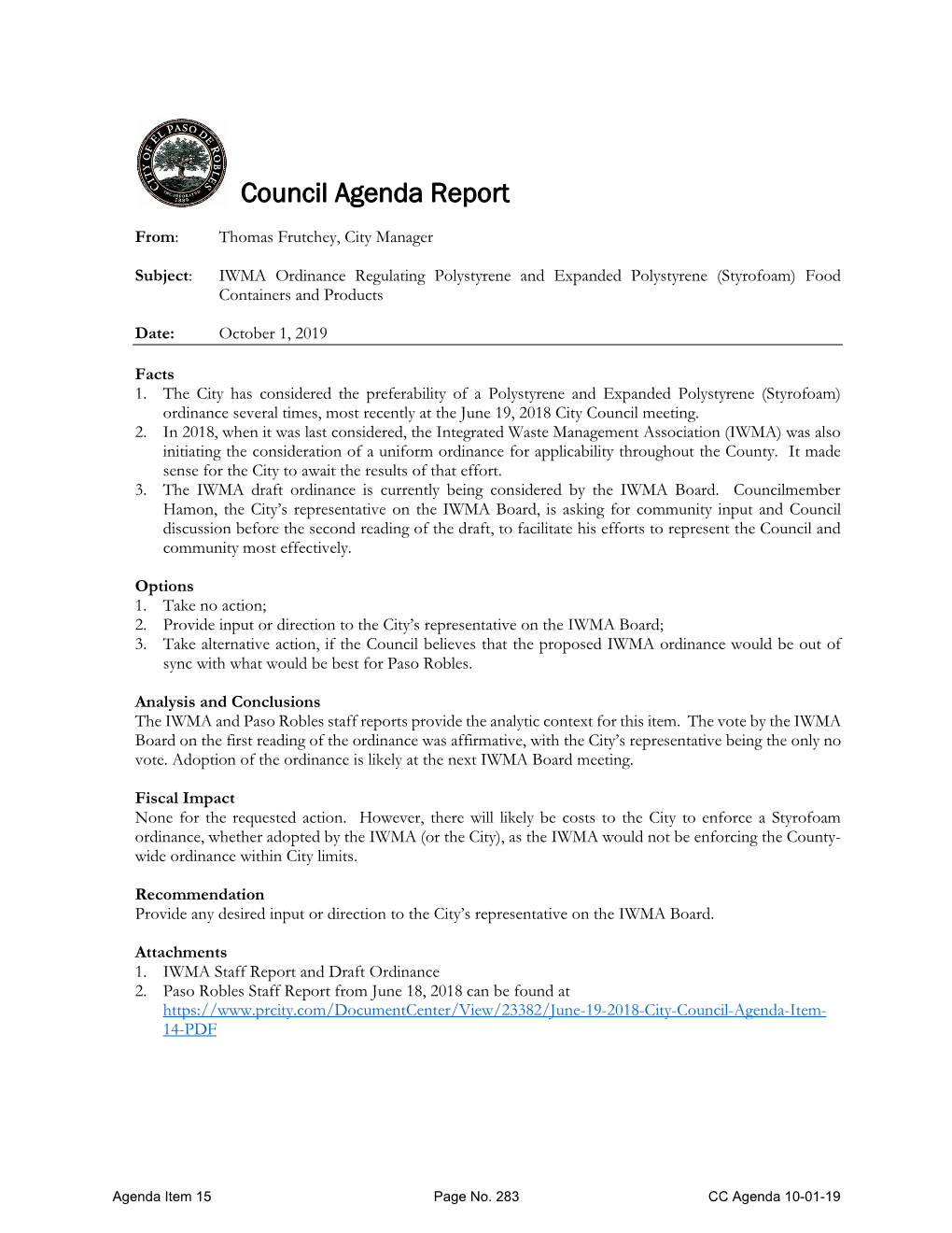 October 1, 2019 City Council Agenda Item 15