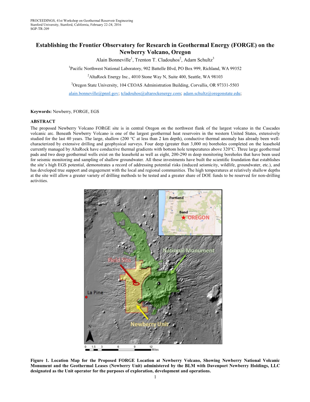 Establishing the Frontier Observatory for Research in Geothermal Energy (FORGE) on the Newberry Volcano, Oregon Alain Bonneville1, Trenton T