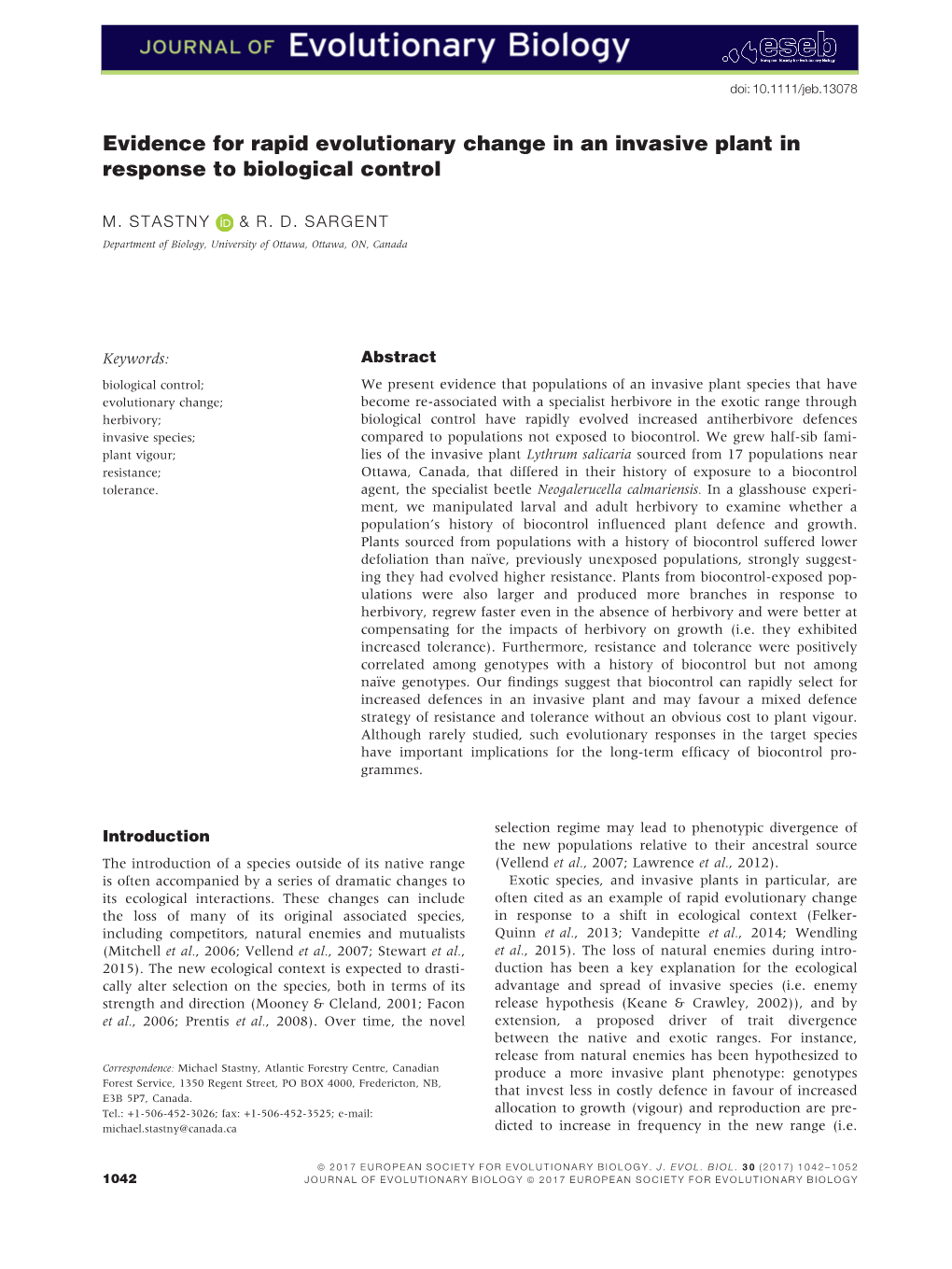 Evidence for Rapid Evolutionary Change in an Invasive Plant in Response to Biological Control