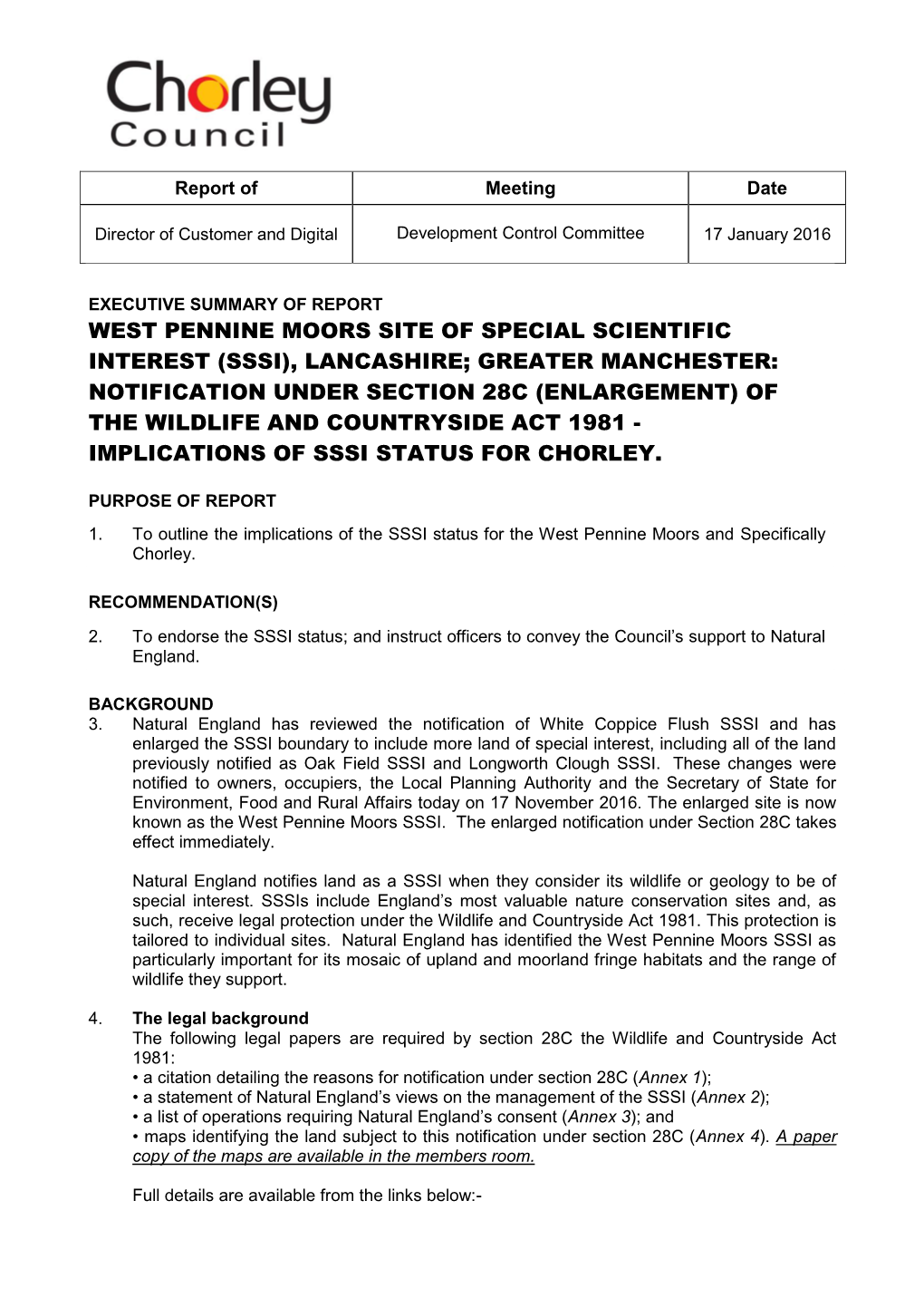 Sssi), Lancashire; Greater Manchester: Notification Under Section 28C (Enlargement) of the Wildlife and Countryside Act 1981 - Implications of Sssi Status for Chorley