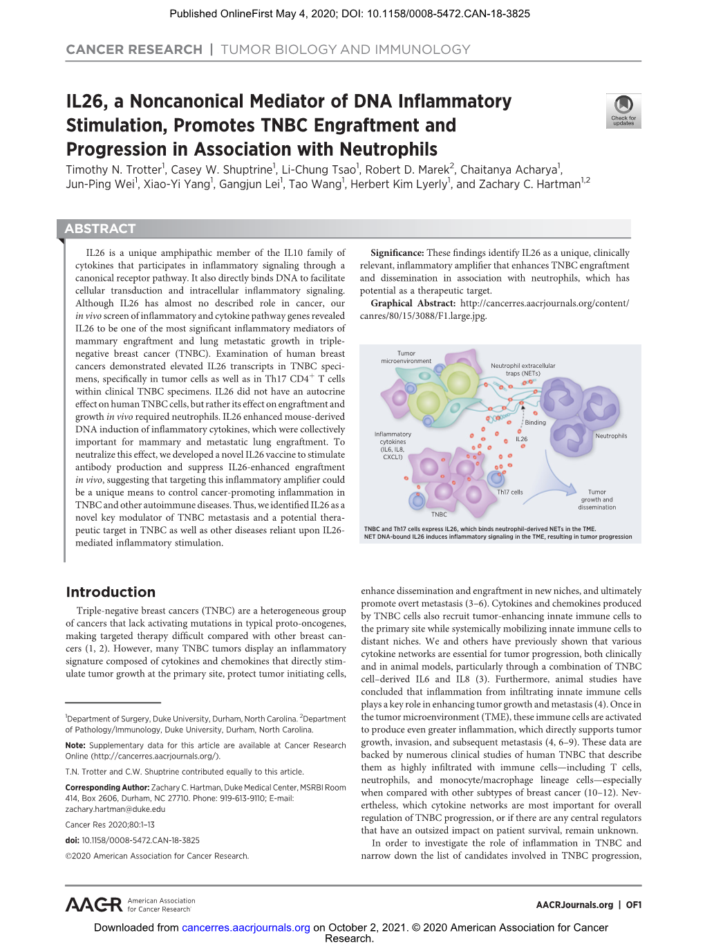 IL26, a Noncanonical Mediator of DNA Inflammatory Stimulation, Promotes TNBC Engraftment and Progression in Association with Neutrophils