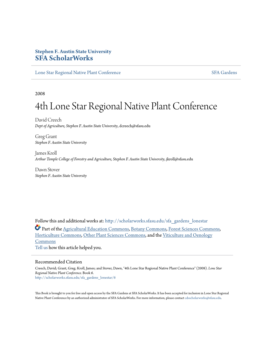 4Th Lone Star Regional Native Plant Conference David Creech Dept of Agriculture, Stephen F