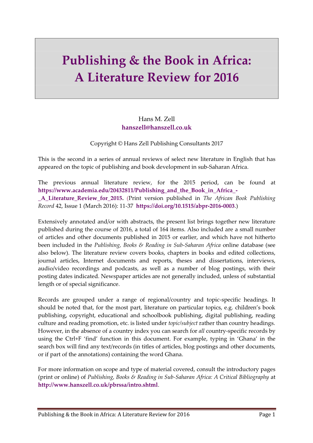 Publishing & the Book in Africa: a Literature Review for 2016