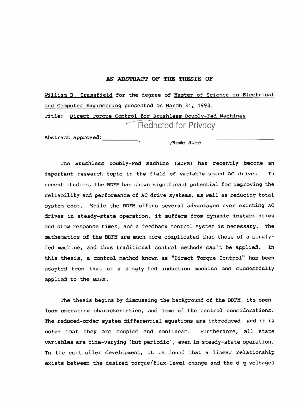 Direct Torque Control for Brushless Doubly-Fed Machines Redacted for Privacy Abstract Approved: (Reme Spee