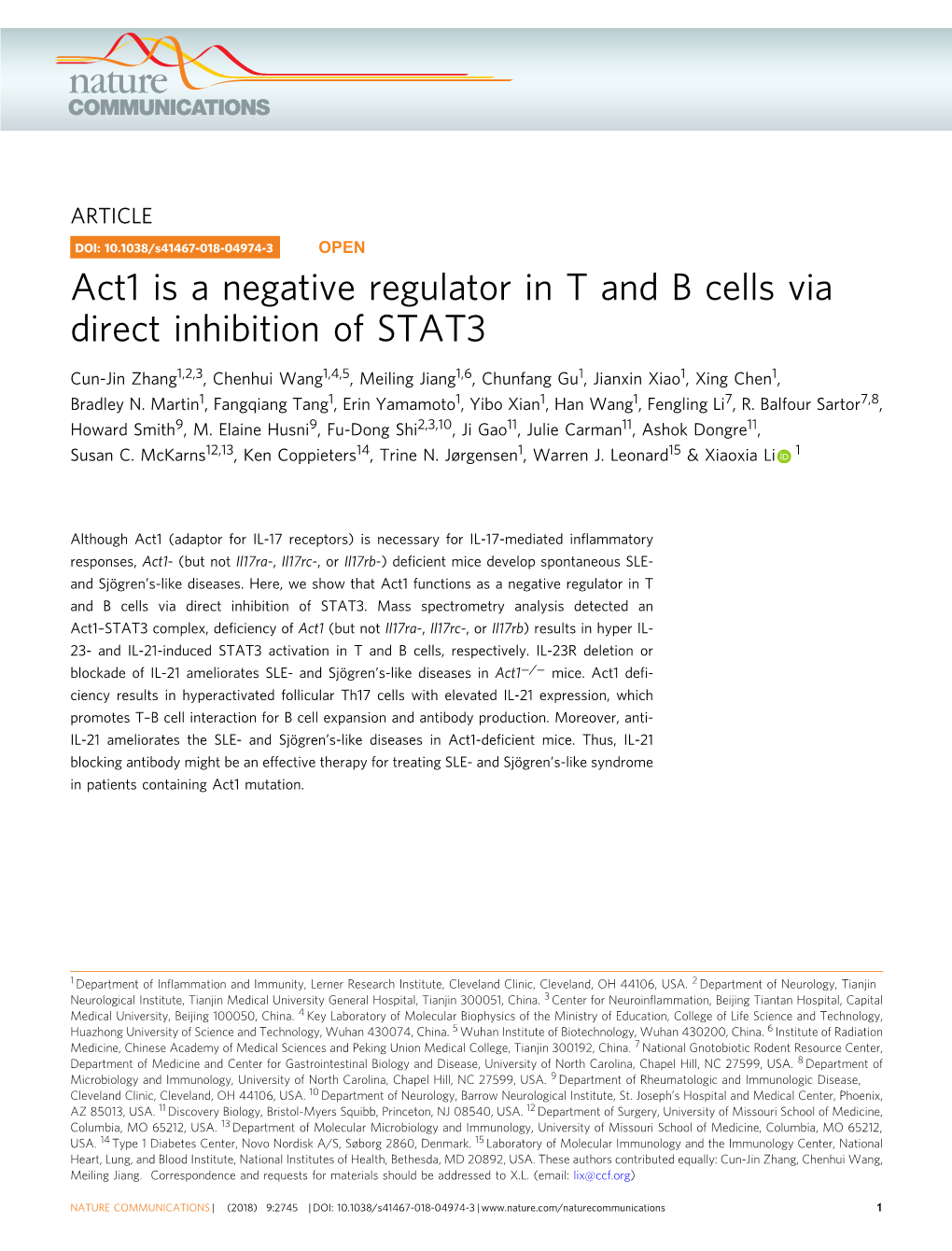 Act1 Is a Negative Regulator in T and B Cells Via Direct Inhibition of STAT3