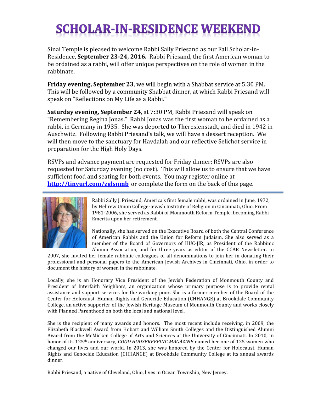 Bulletin Insert for Sally Priesand – Sept 2016