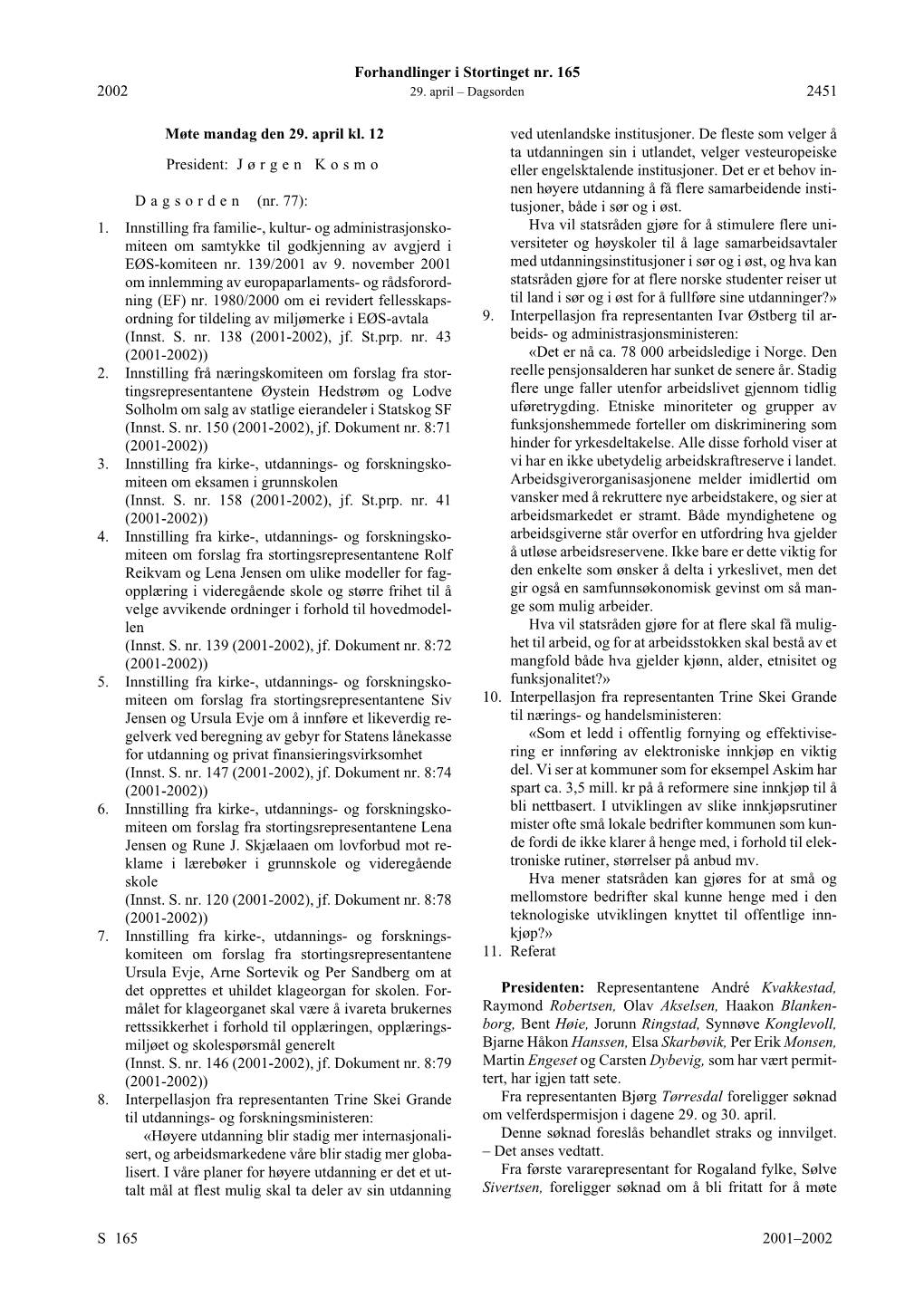 Forhandlinger I Stortinget Nr. 165 S 2001–2002 2002 2451