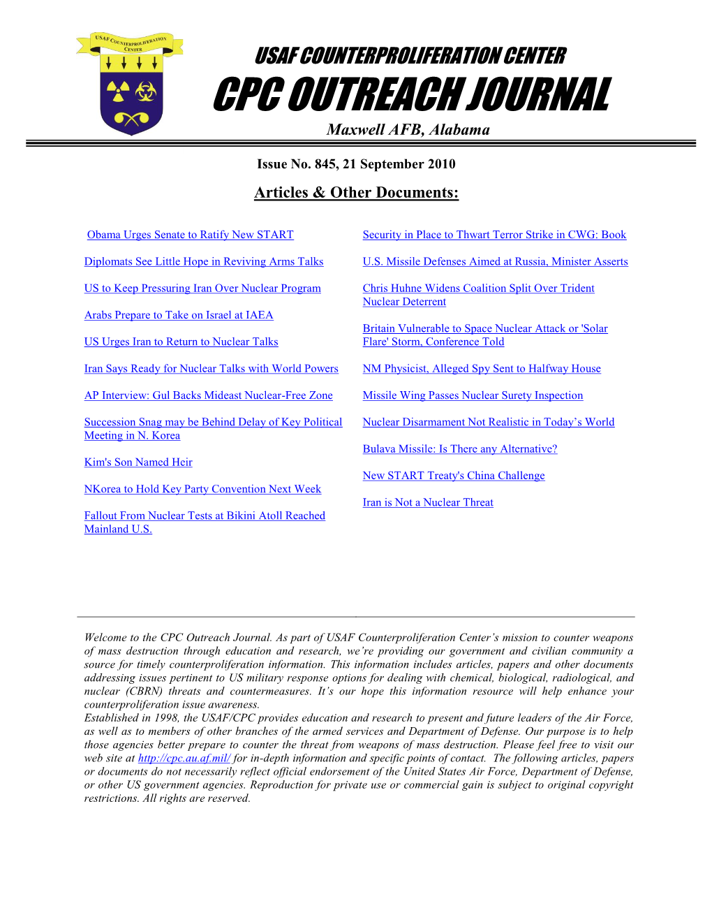USAF Counterprolifertion Center CPC Outreach Journal #845