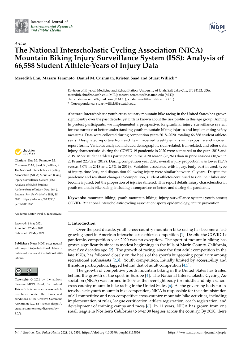 (NICA) Mountain Biking Injury Surveillance System (ISS): Analysis of 66,588 Student Athlete-Years of Injury Data