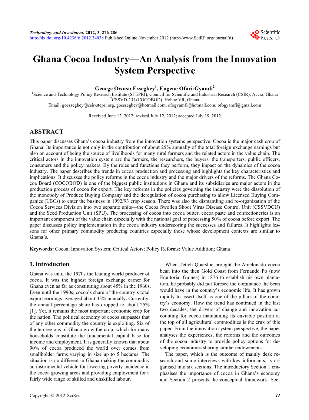 Ghana Cocoa Industry—An Analysis from the Innovation System Perspective