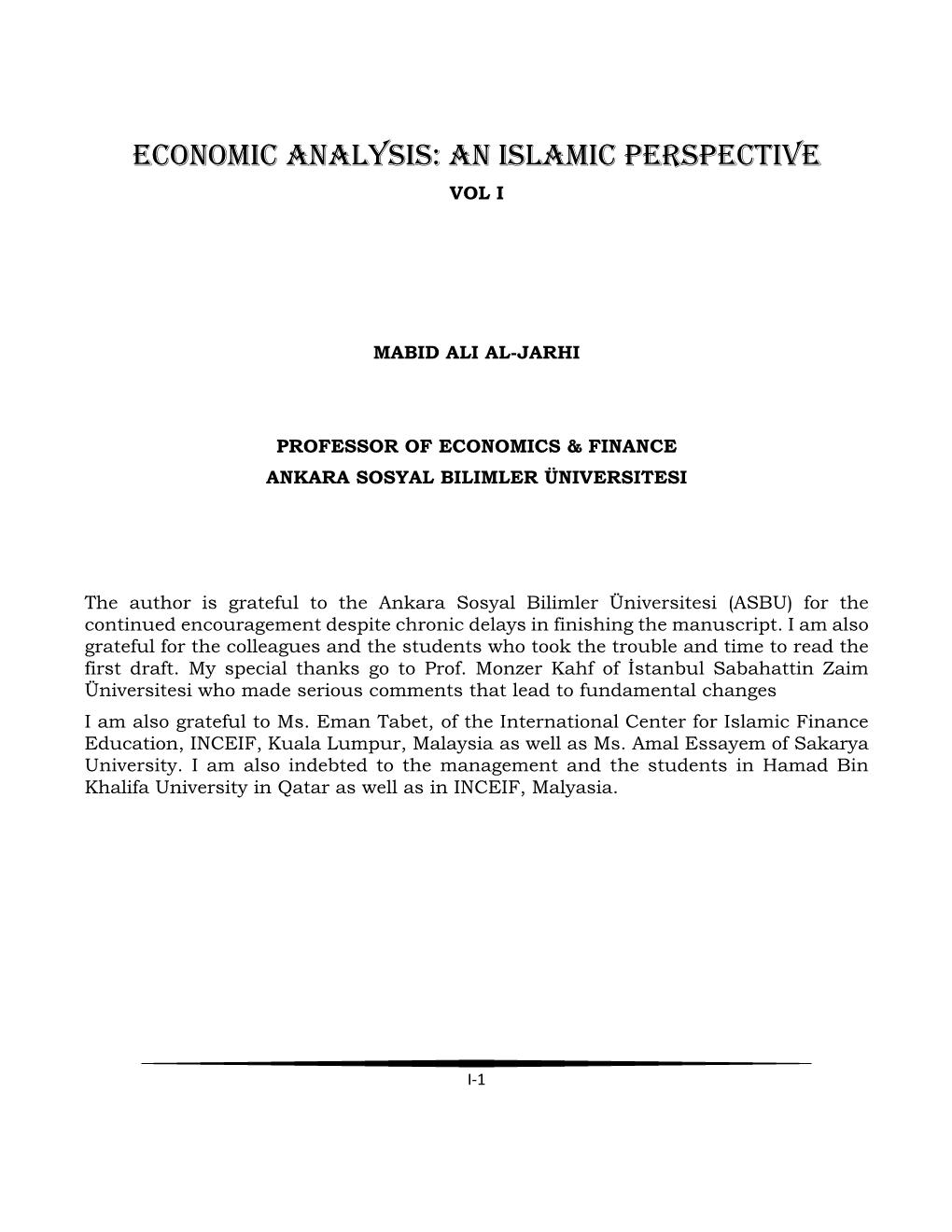 Economic Analysis: an Islamic Perspective Vol I