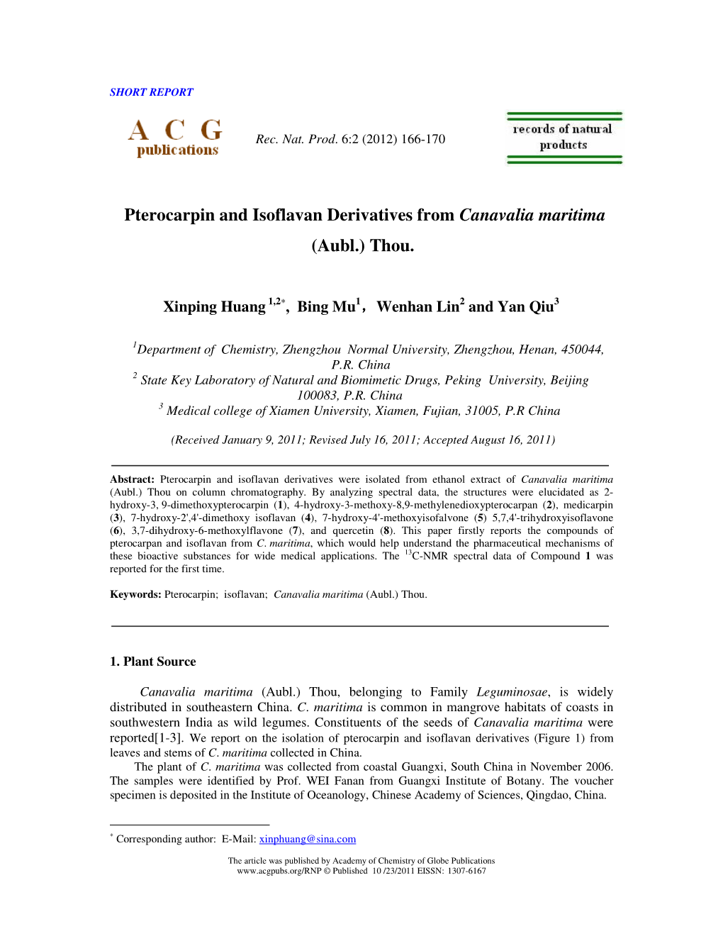 Pterocarpin and Isoflavan Derivatives from Canavalia Maritima (Aubl.) Thou