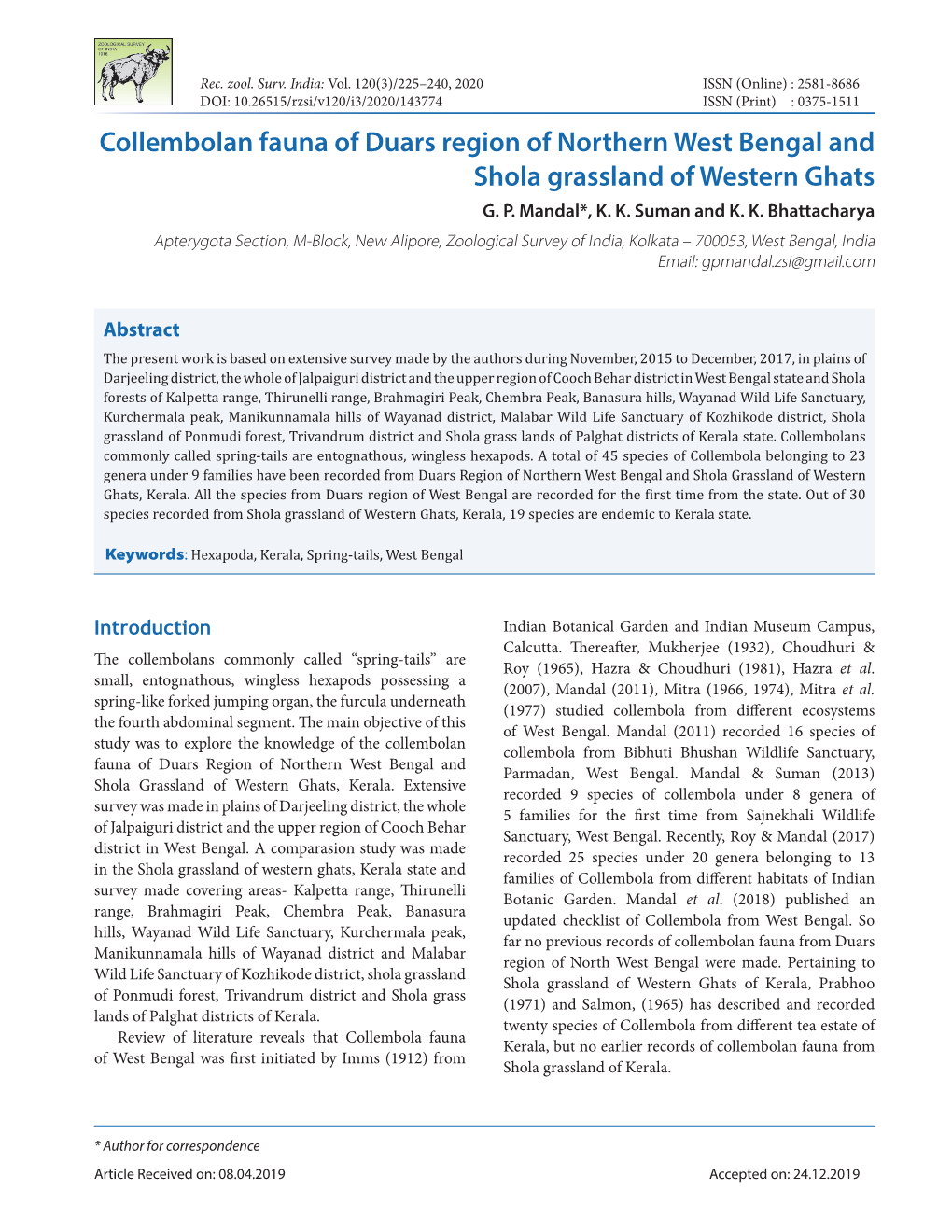 Collembolan Fauna of Duars Region of Northern West Bengal and Shola Grassland of Western Ghats G