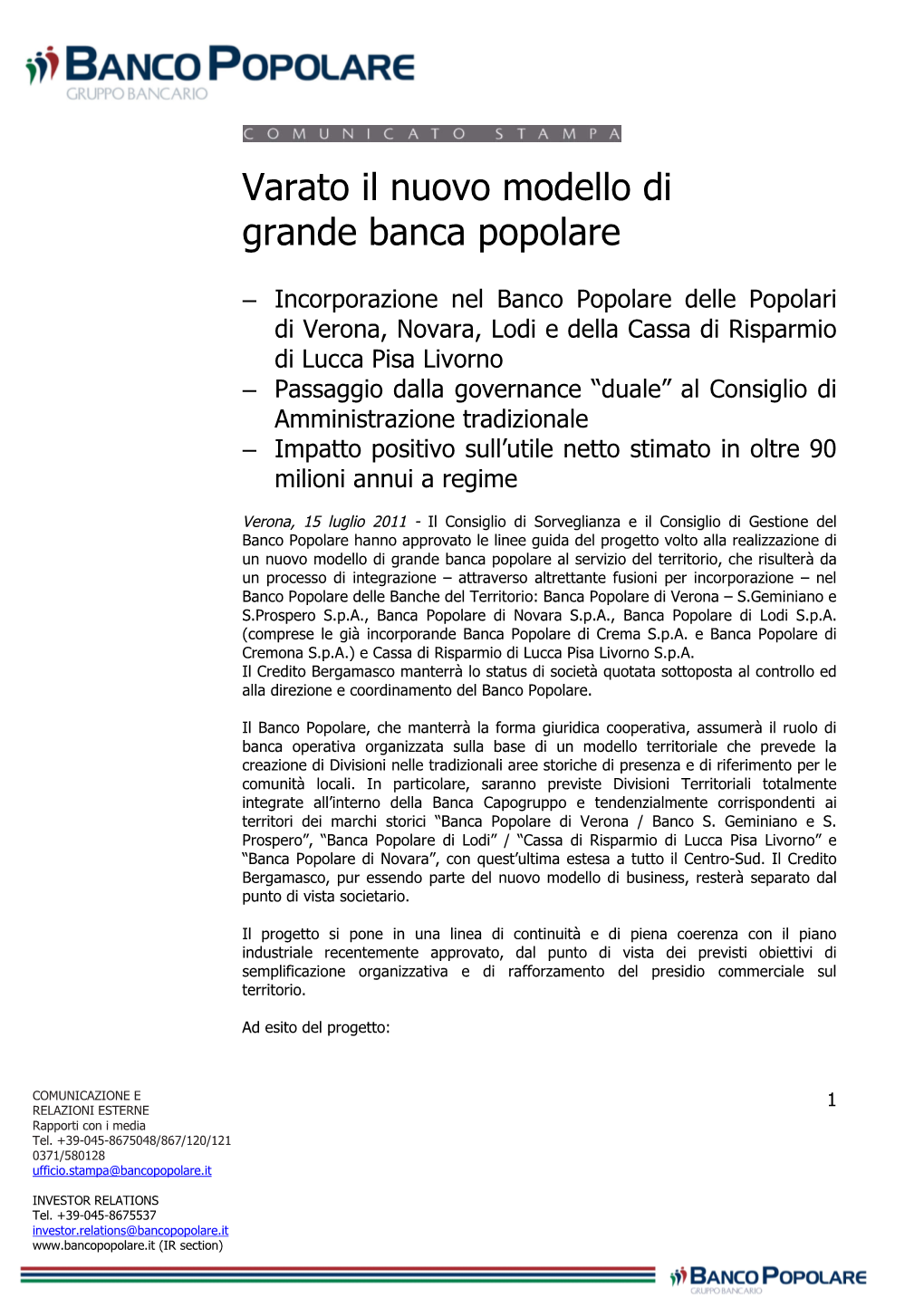 Varato Il Nuovo Modello Di Grande Banca Popolare